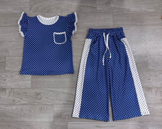 Sample-Real Pics GSPO2372 Baby Girl Clothes Navy White Polka Dot Print Short Sleeve Lace Ruffle Top Wide Leg Pant Set