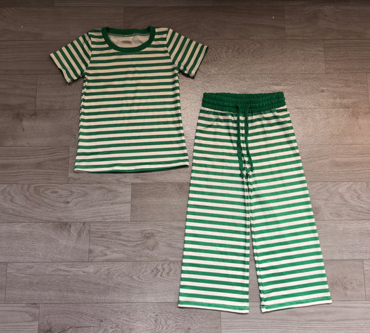 Sample-Real Pics GSPO2383 Baby Girl Clothes Green White Striped Print Short Sleeve Wide Leg Pant Set