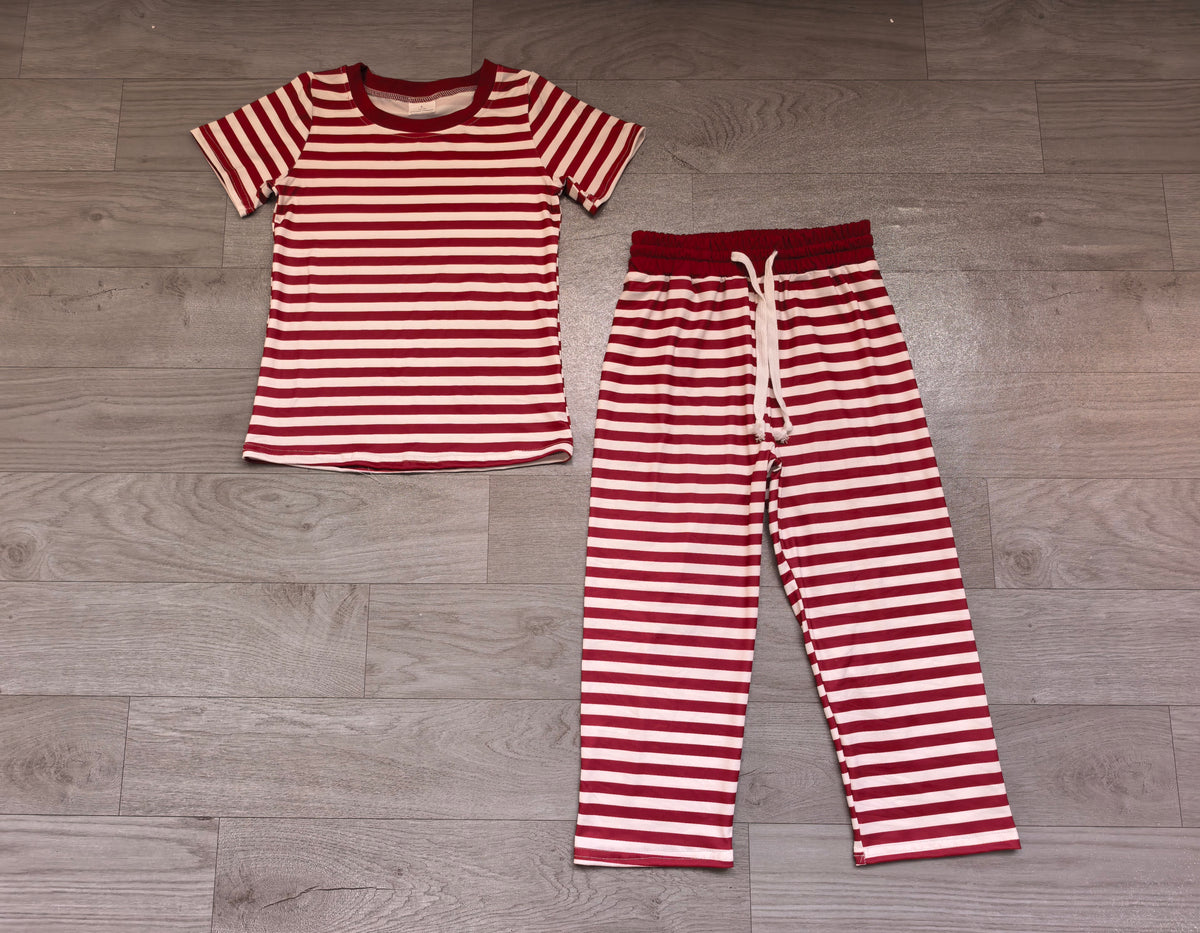 Sample-Real Pics GSPO2384 Baby Girl Clothes Red White Striped Allover Print Short Sleeve Top Long Pant Set
