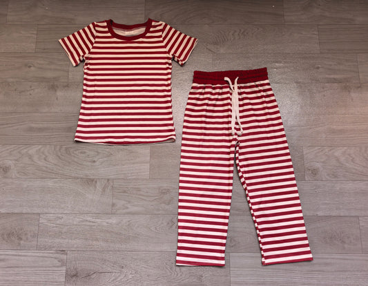 Sample-Real Pics GSPO2384 Baby Girl Clothes Red White Striped Allover Print Short Sleeve Top Long Pant Set