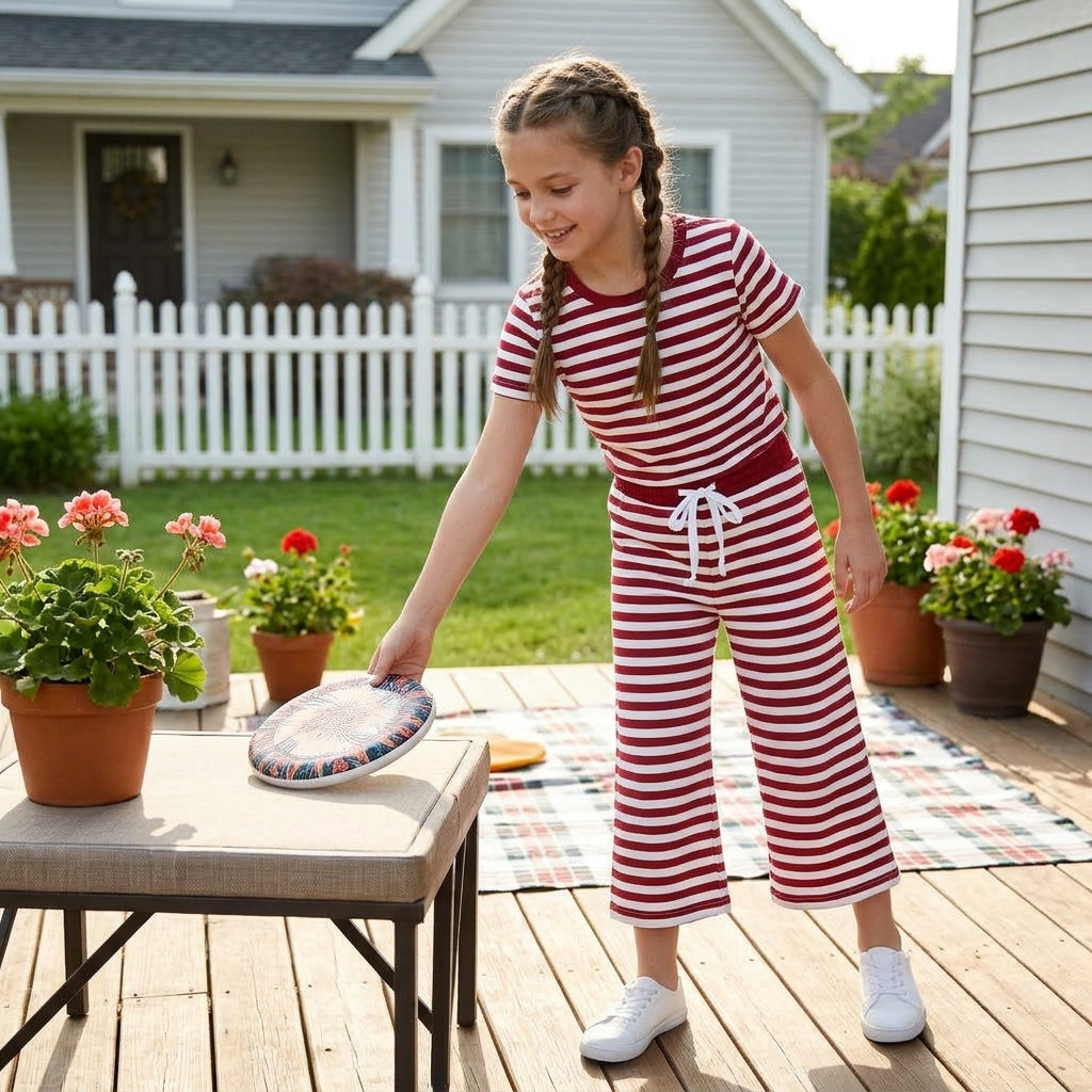 NO MOQ RTS GSPO2384 Baby Boy Clothes Red White Striped Print Short Sleeve Top Wide Leg Pant Set 202610