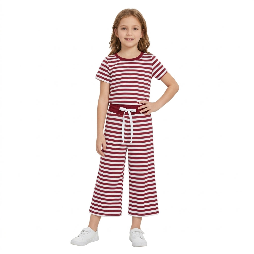 NO MOQ RTS GSPO2384 Baby Boy Clothes Red White Striped Print Short Sleeve Top Wide Leg Pant Set 202610