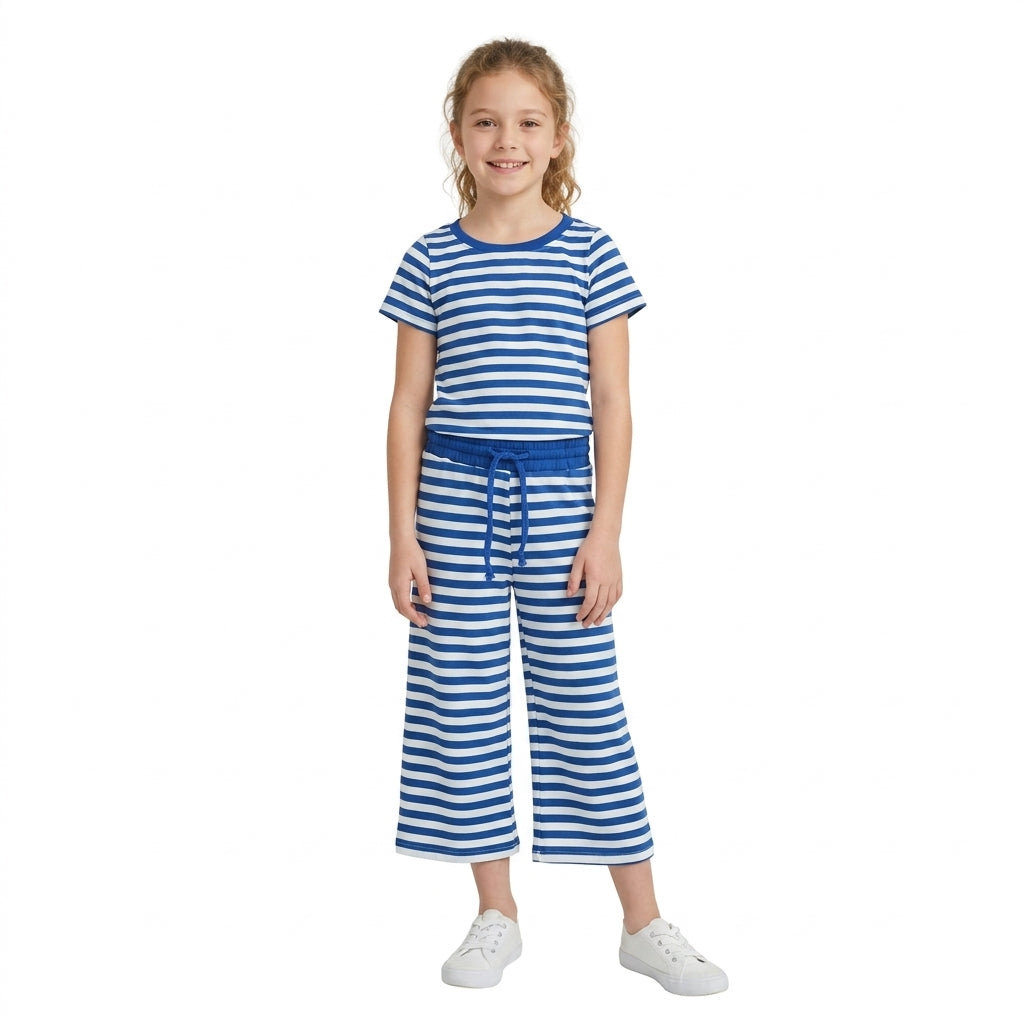 NO MOQ RTS GSPO2385 Baby Girl Clothes Blue White Stripe Classic Print Short Sleeve Top And Wide Leg Pant Set 202610