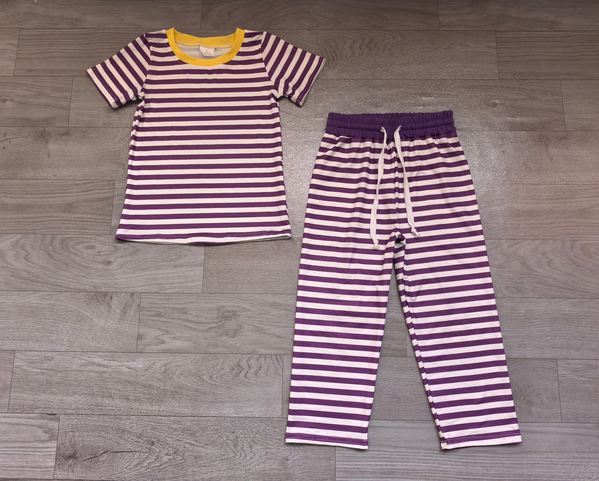 Sample-Real Pics GSPO2386 Baby Girl Clothes Purple White Striped Allover Print Short Sleeve Top Long Pant Set