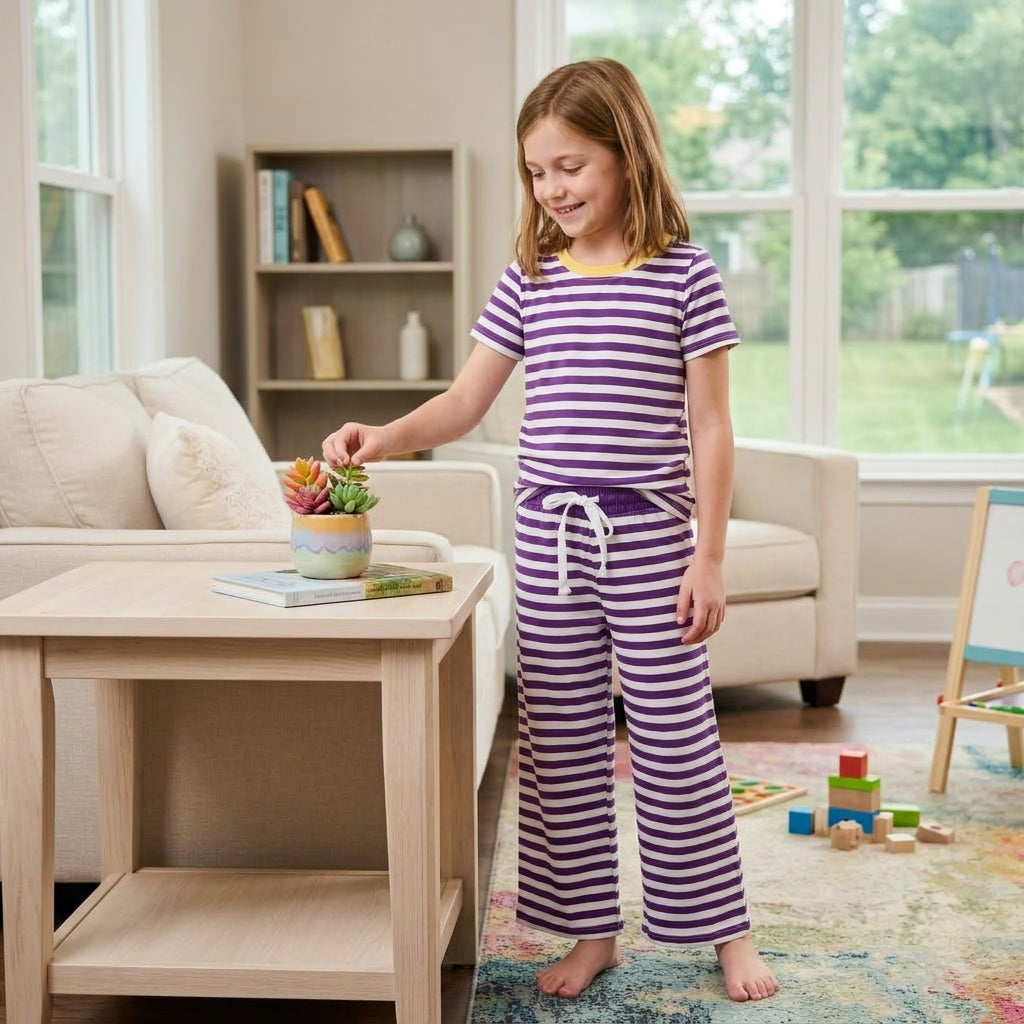 NO MOQ RTS GSPO2386 Baby Girl Clothes Mardi Gras Purple White Stripe Print Short Sleeve Wide Leg Pant Set 202610