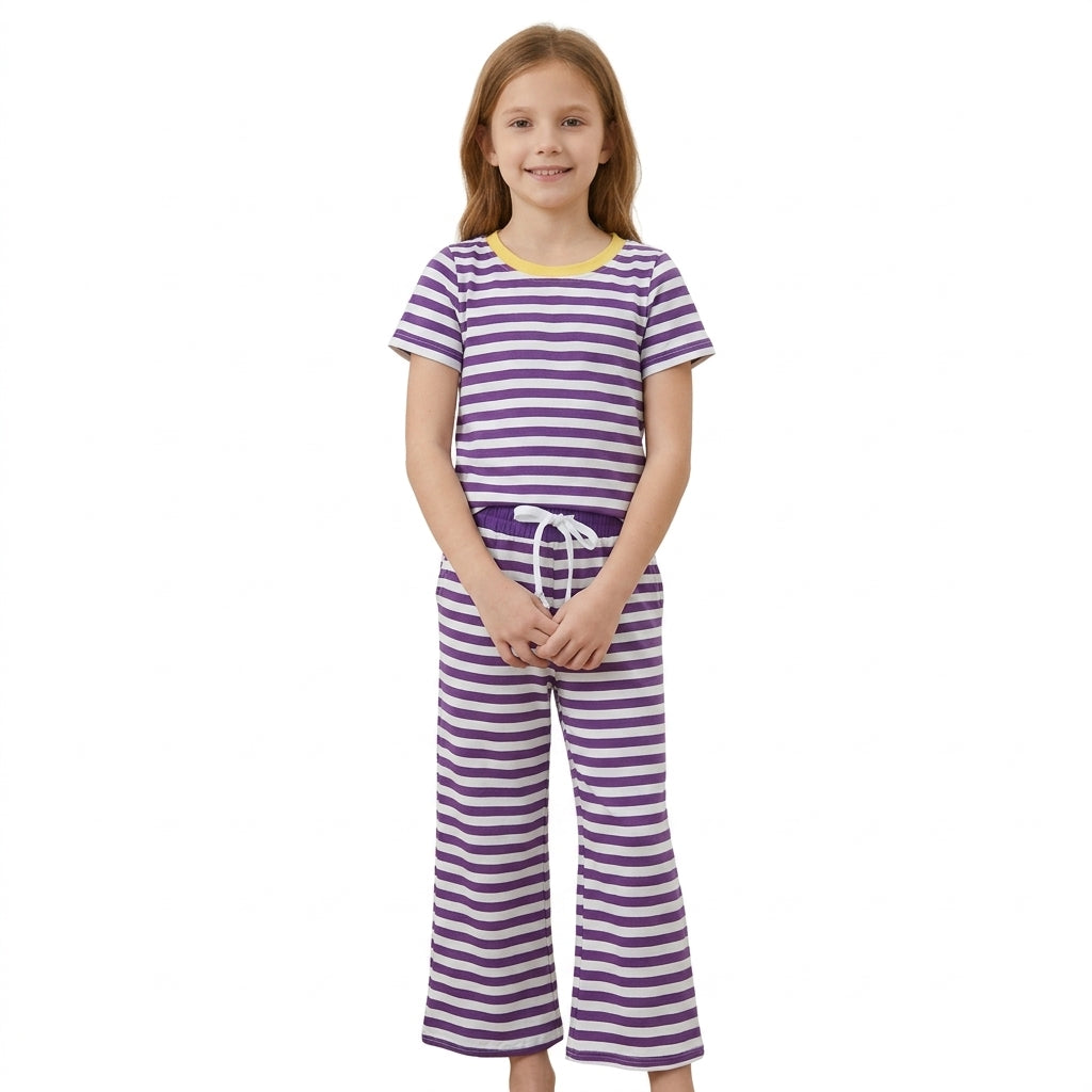 NO MOQ RTS GSPO2386 Baby Girl Clothes Mardi Gras Purple White Stripe Print Short Sleeve Wide Leg Pant Set 202610