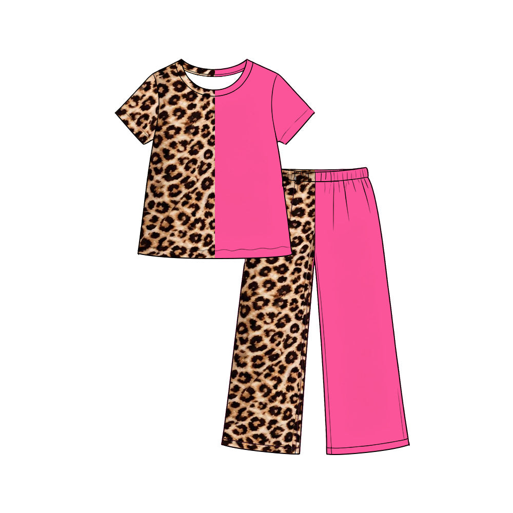 Preorder (moq 5) GSPO2402 Baby Girl Clothes Half Leopard Half Solid Pink Print Short Sleeve Top Wide Leg Pant Outfit Set