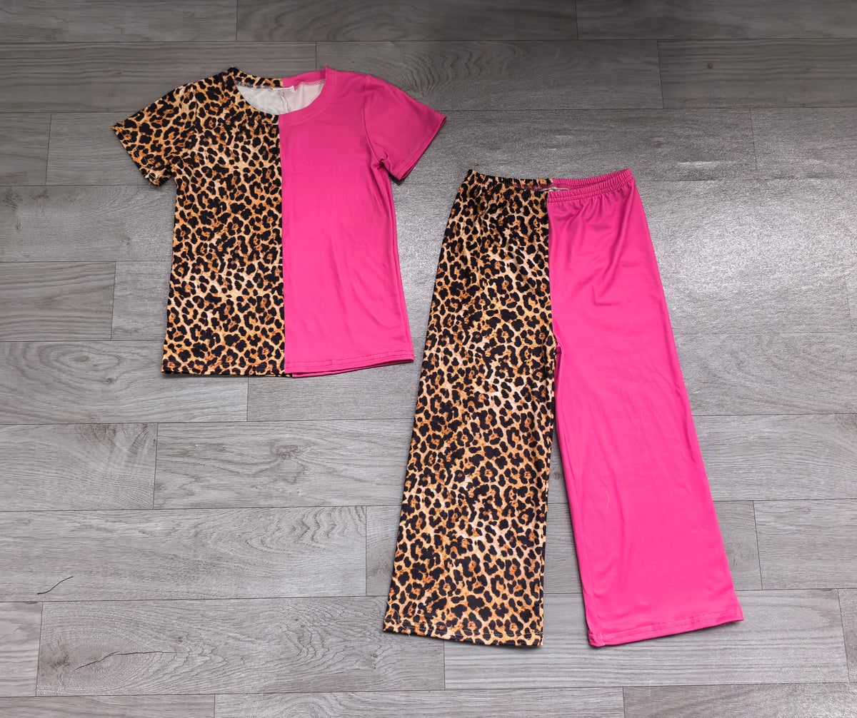 Sample-Real Pics GSPO2402 Baby Girl Clothes Leopard Print Short Sleeve Top And Solid Bright Pink Pant Set