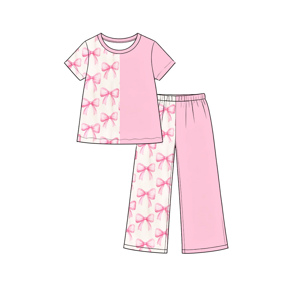 Preorder (moq 5) GSPO2403 Baby Girl Clothes Half Pink Bow Half Solid Pink Print Short Sleeve Top Wide Leg Pant Outfit Set