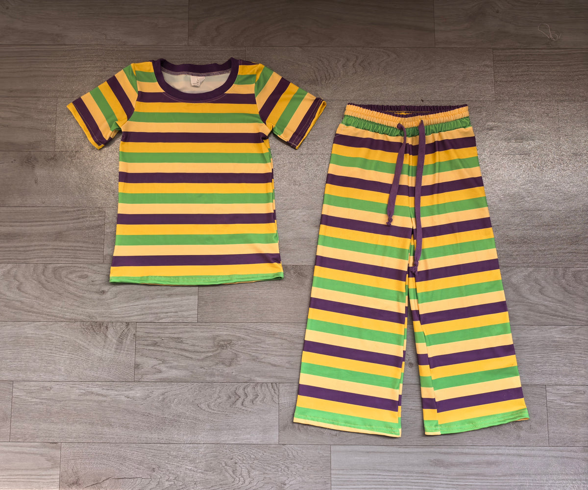 Sample-Real Pics GSPO2405 Baby Boy Clothes Mardi Gras Stripe Print Short Sleeve Wide Leg Pant Set