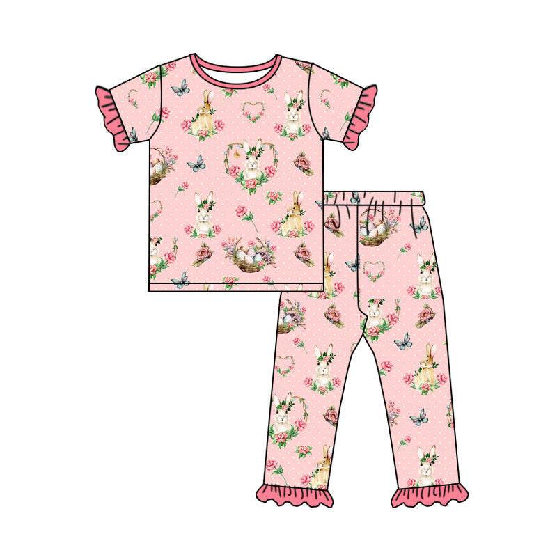 Preorder (moq 5) GSPO2406 Baby Girl Clothes Easter Bunny Floral Butterfly Mixed Print Short Sleeve Ruffle Pajama Set