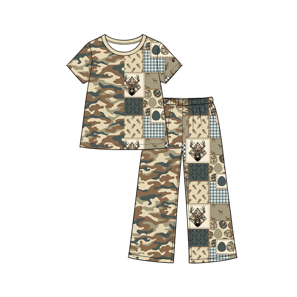 Preorder (moq 5) GSPO2407 Baby Boy Clothes Hunting Deer Patchwork Mixed Print Short Sleeve Top Wide Leg Pant Set