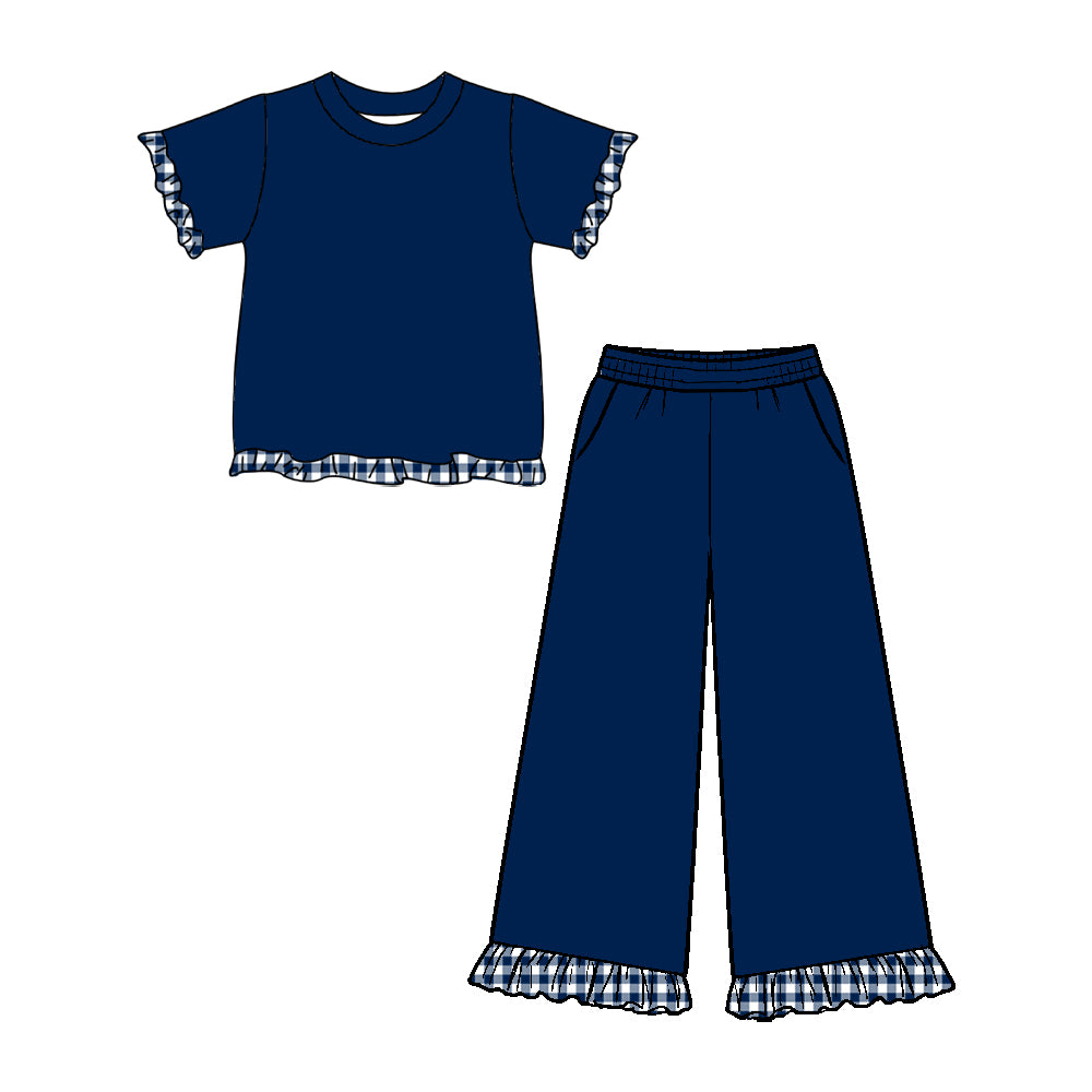 Preorder (moq 5) GSPO2409 Baby Girl Clothes Solid Navy With Gingham Ruffle Trim Print Short Sleeve Top Wide Leg Pant Set