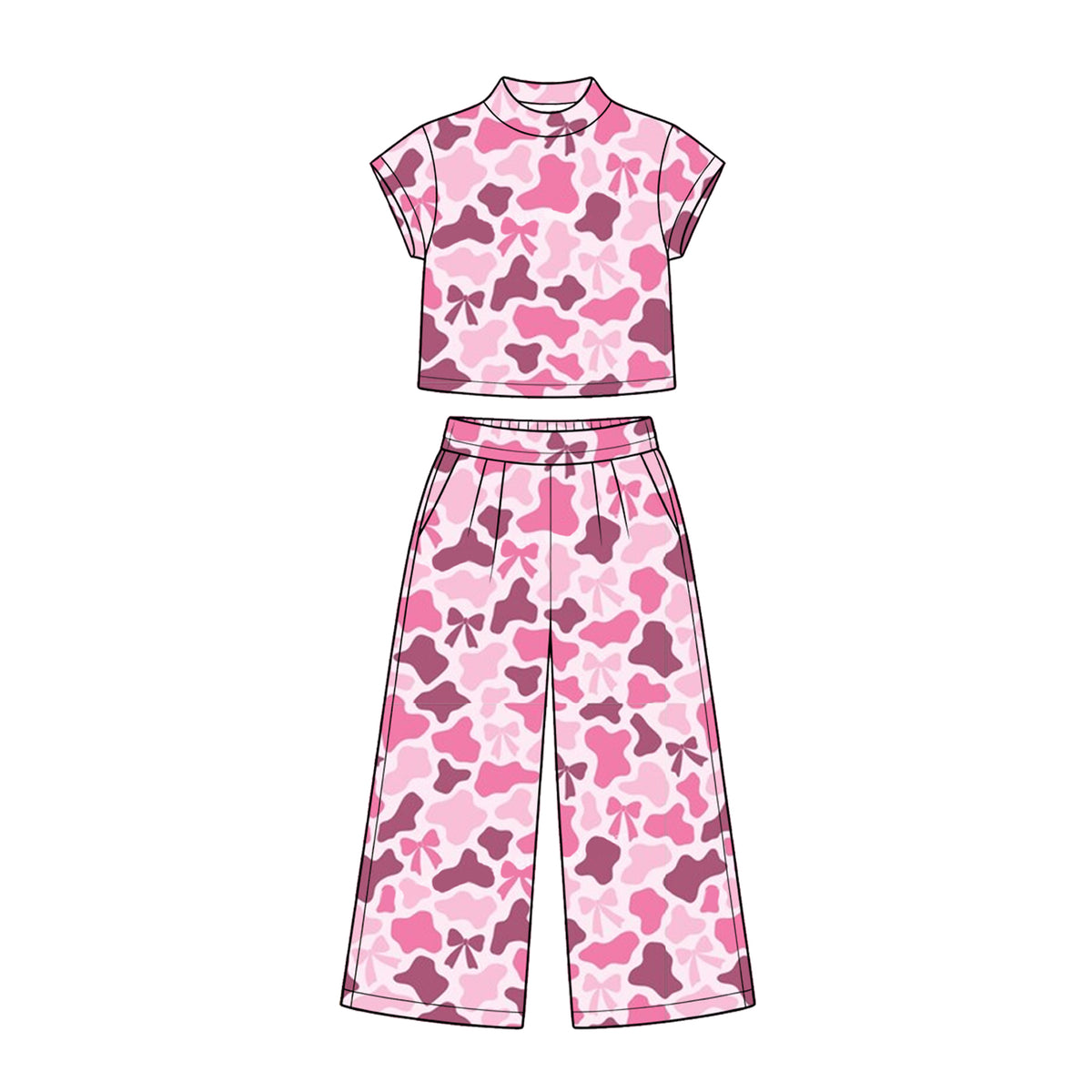 Preorder (moq 5) GSPO2410 Baby Girl Clothes Pink Floral Mixed Print Short Sleeve Crop Top Wide Leg Pant Set