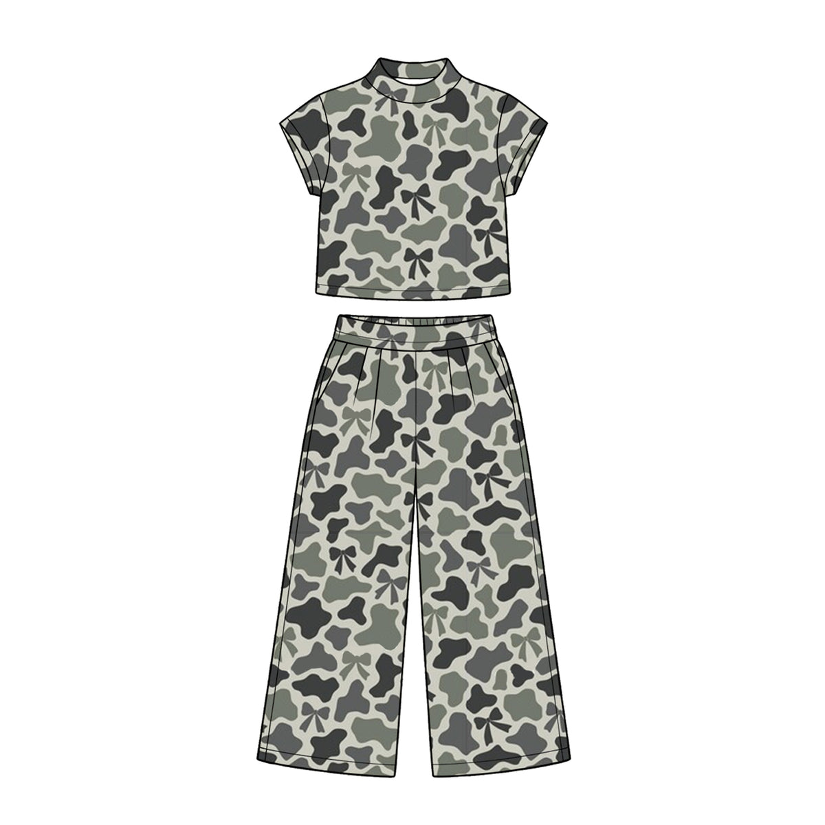 Preorder (moq 5) GSPO2411 Baby Girl Clothes Grey Floral Mixed Print Short Sleeve Crop Top Wide Leg Pant Set