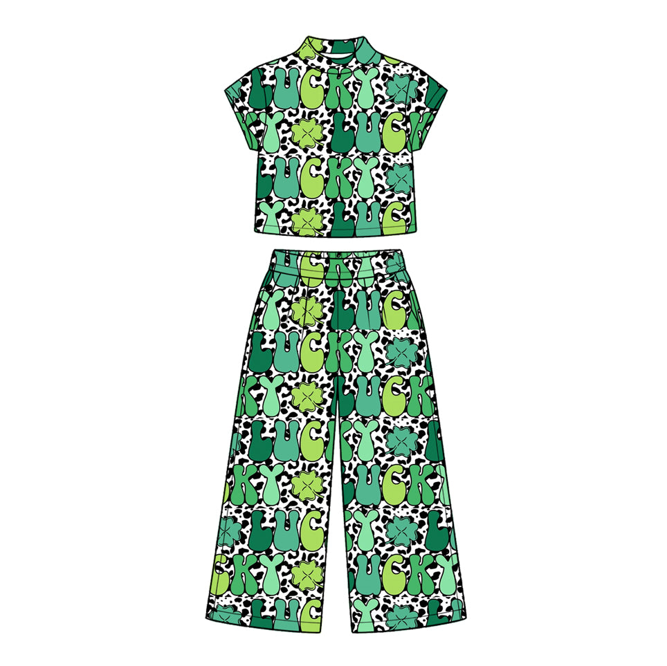 Preorder (moq 5) GSPO2412 Baby Girl Clothes Green Clover Mixed Print Short Sleeve Crop Top Wide Leg Pant Set