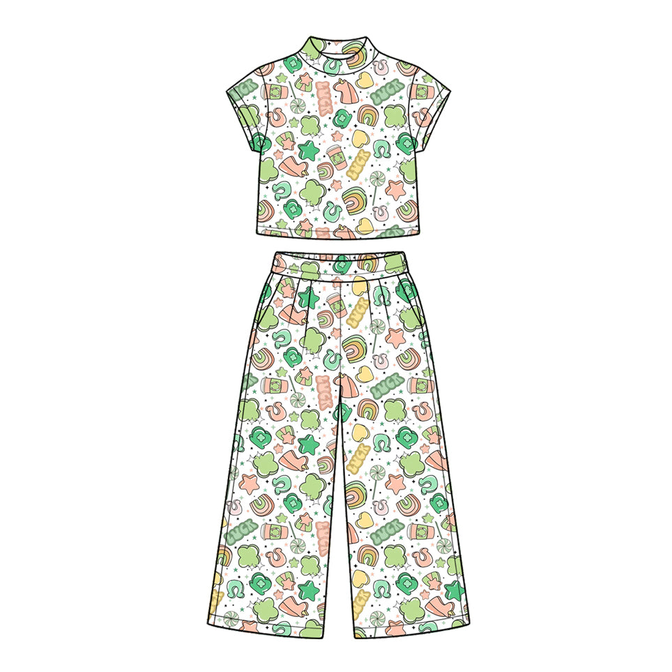 Preorder (moq 5) GSPO2413 Baby Girl Clothes Spring Ditsy Floral Mixed Print Short Sleeve Crop Top Wide Leg Pant Set