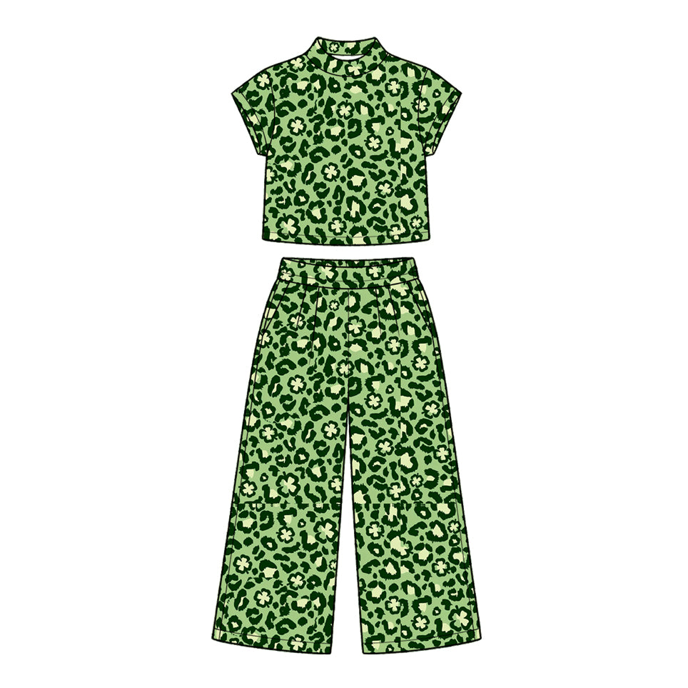Preorder (moq 5) GSPO2414 Baby Girl Clothes Green Leopard Clover Mixed Print Short Sleeve Crop Top Wide Leg Pant Set