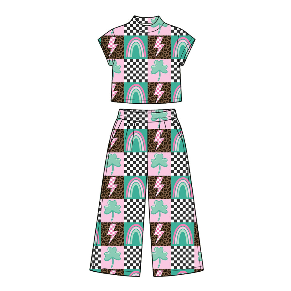 Preorder (moq 5) GSPO2415 Baby Girl Clothes Retro Geometric Mixed Print Short Sleeve Crop Top Wide Leg Pant Set