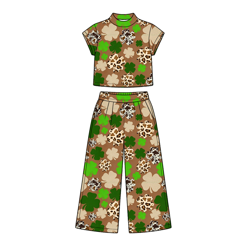 Preorder (moq 5) GSPO2416 Baby Girl Clothes Brown Clover Mixed Print Short Sleeve Crop Top Wide Leg Pant Set