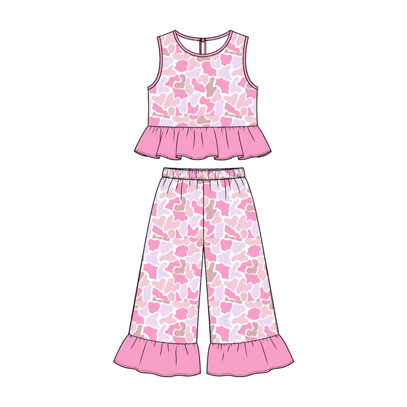 Preorder (moq 5) GSPO2418 Baby Girl Clothes Pink Floral Leopard Mix Print Sleeveless Ruffle Flare Pant Set