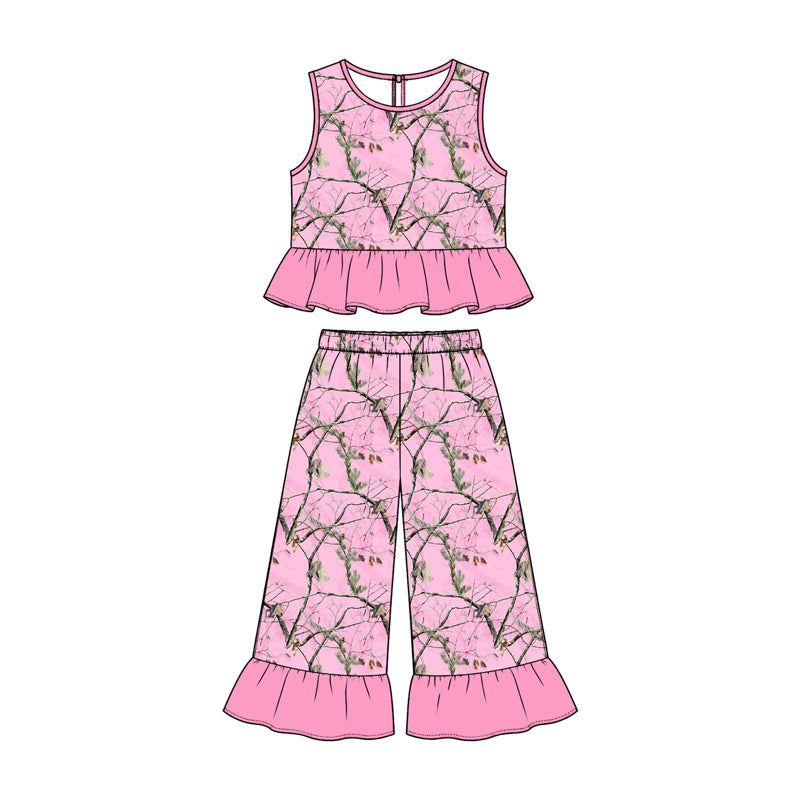 Preorder (moq 5) GSPO2419 Baby Girl Clothes Pink Snake Print Sleeveless Ruffle Flare Pant Set