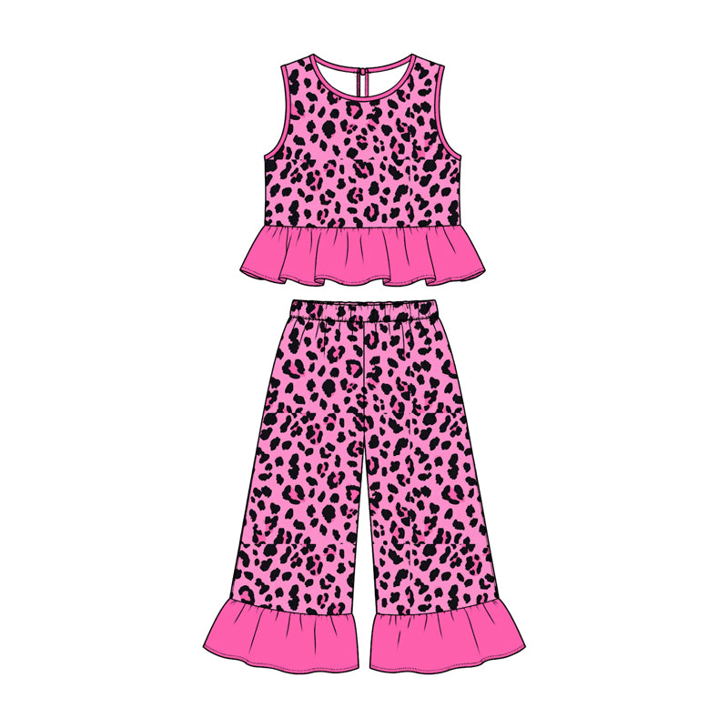 Preorder (moq 5) GSPO2420 Baby Girl Clothes Hot Pink Black Leopard Print Sleeveless Ruffle Flare Pant Set