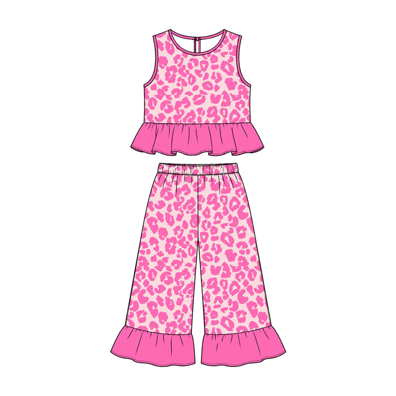 Preorder (moq 5) GSPO2421 Baby Girl Clothes Pink Ditsy Floral Print Sleeveless Ruffle Flare Pant Set
