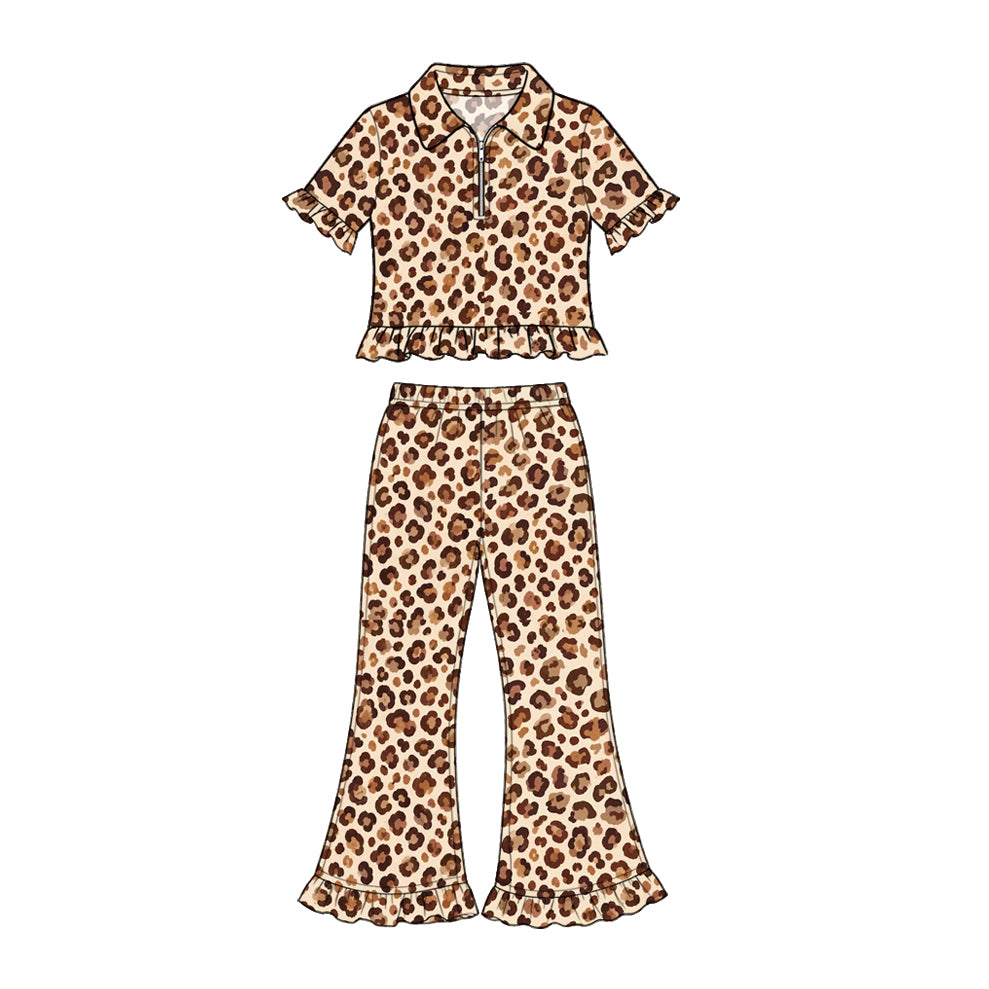 Preorder (moq 5) GSPO2422 Baby Girl Clothes Classic Leopard Print Short Sleeve Polo Ruffle Flare Pant Set