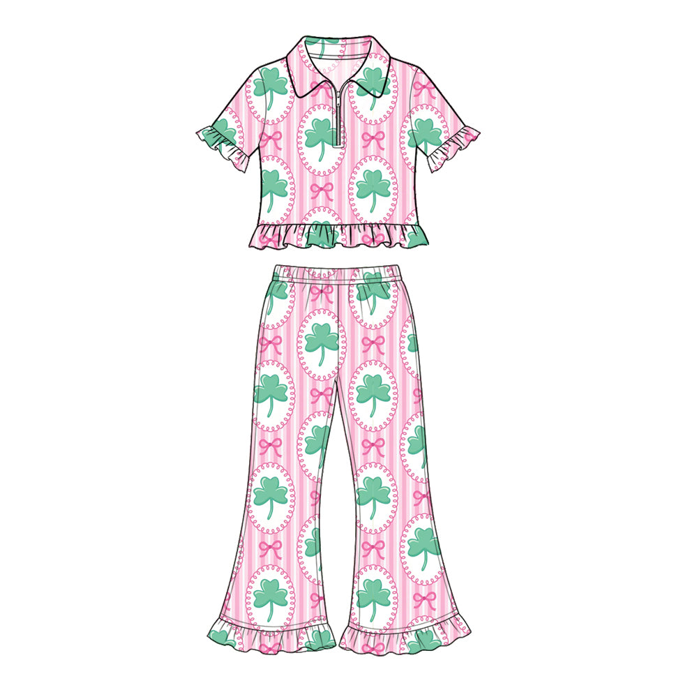 Preorder (moq 5) GSPO2425 Baby Girl Clothes St Patrick's Day Green Clover Pink Print Short Sleeve Polo Ruffle Flare Pant Set