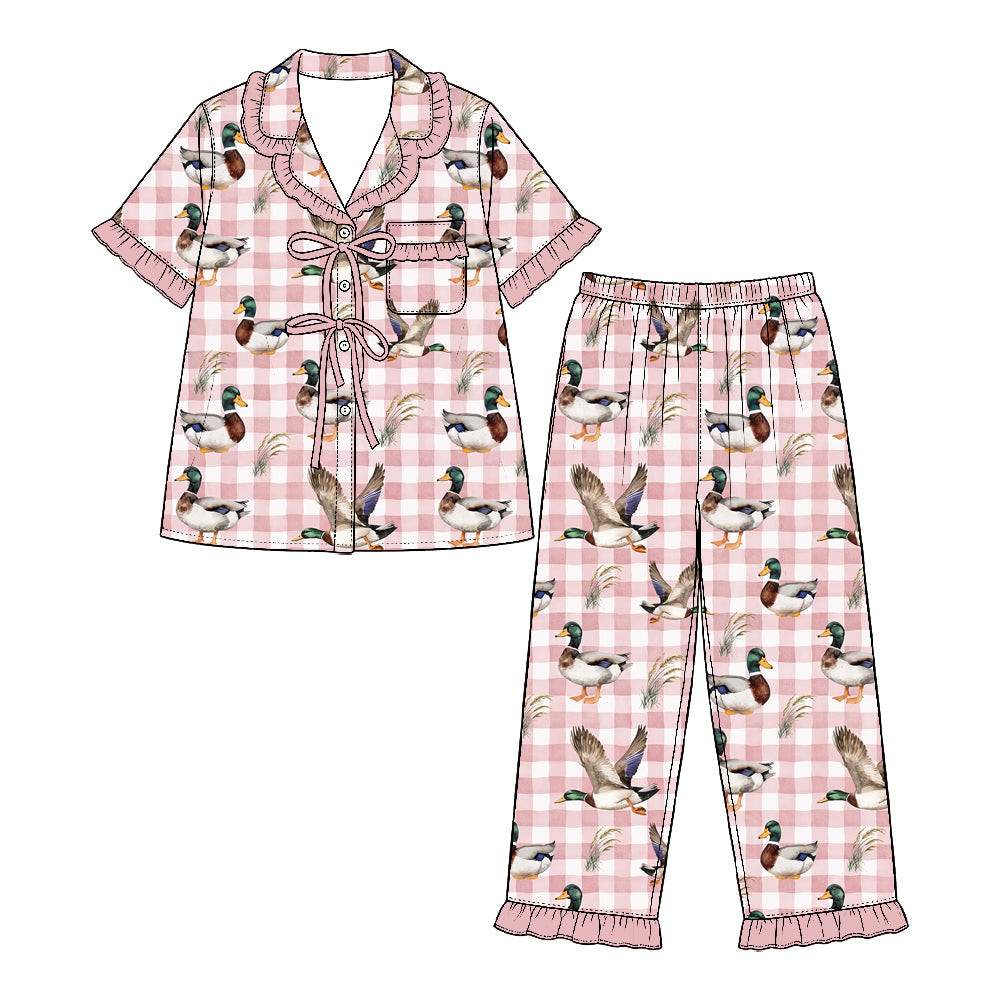 Preorder (moq 5) GSPO2428 Baby Girl Clothes Pink Gingham Duck Mix Print Short Sleeve Pajama Pant Set