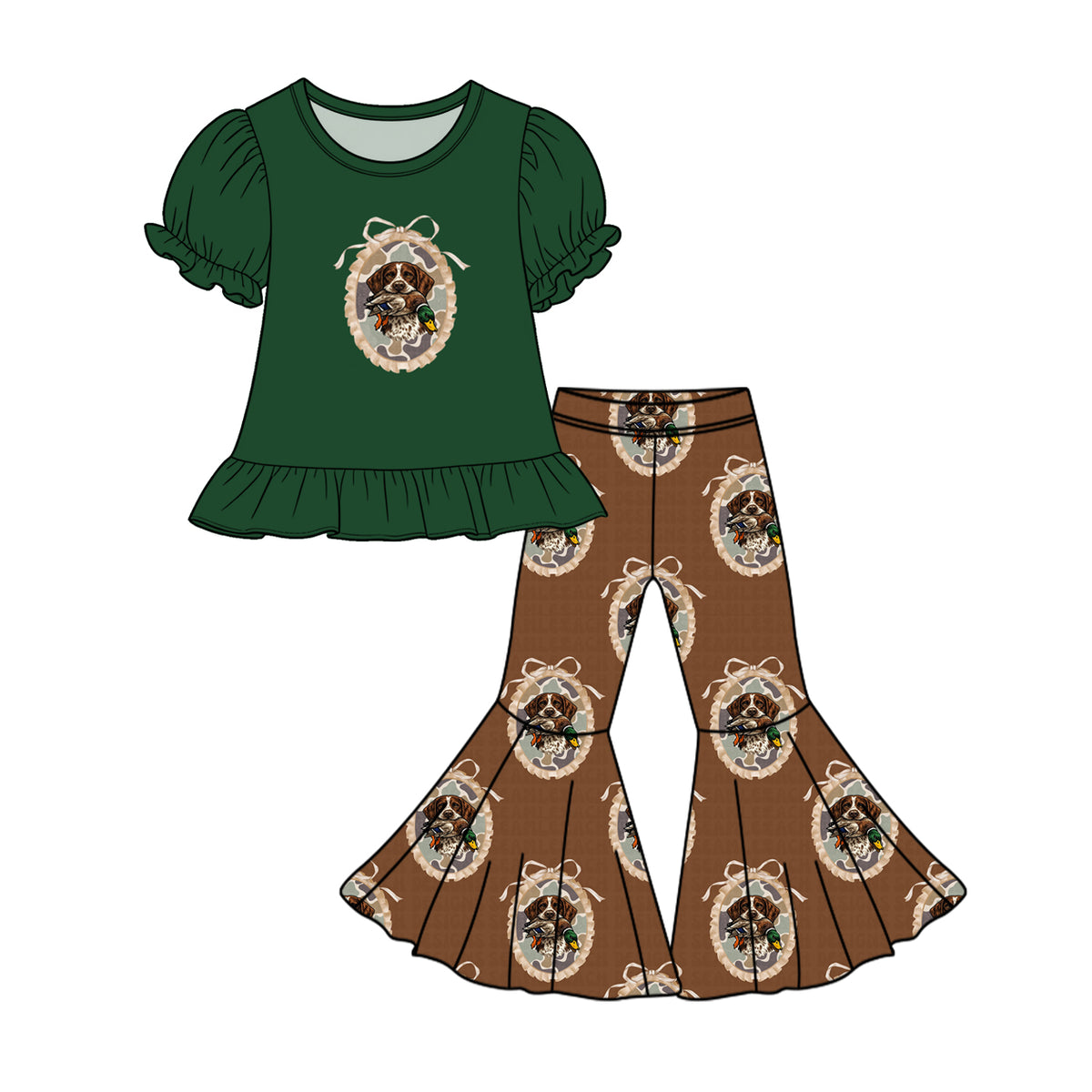 Preorder (moq 5) GSPO2429 Baby Girl Clothes Deer Graphic Print Puff Short Sleeve Top Deer Flare Pants Outfit Set