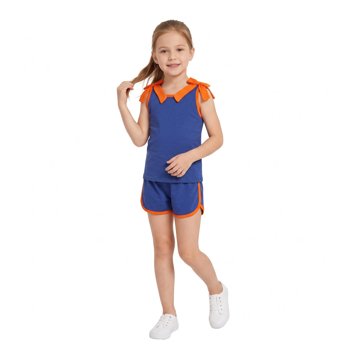 NO MOQ RTS GSSO3857 Baby Girl Clothes Solid Blue Orange Trim Plain Print Sleeveless Bow Top Short Outfit Set 202609