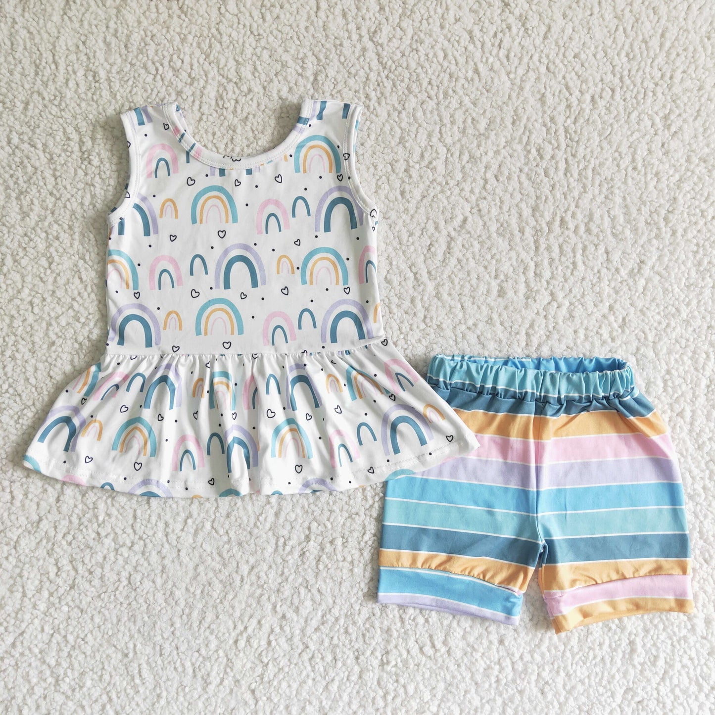 promotion rainbow top colorful stripe print shorts girl sleeveless shorts outfits 0218