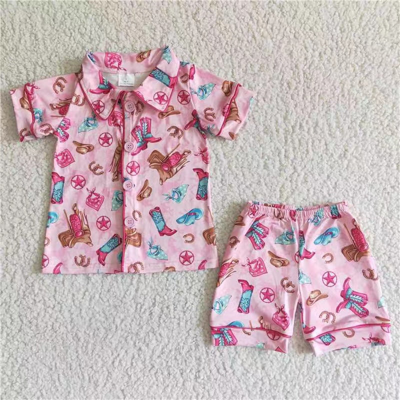 GSSO0021 RTS western life pink boots short sleeve shorts girl pajamas outfit summer 20230613