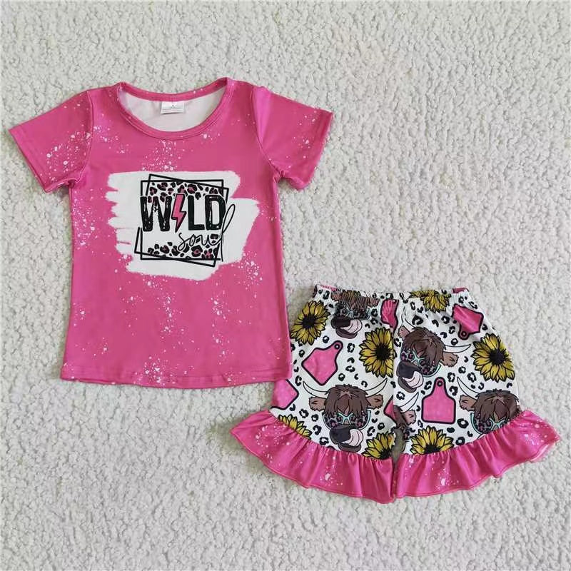 promotion GSSO0067 wild pink leopard cow sunflower short sleeve girl shorts outfit 20230511 RTS