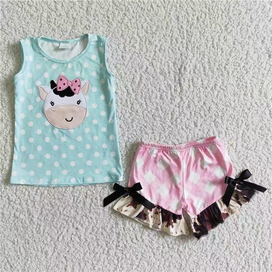 promotion GSSO0088 RTS green top pink cow embroidery short sleeve girl bow shorts girl outfit 20230429 RTS