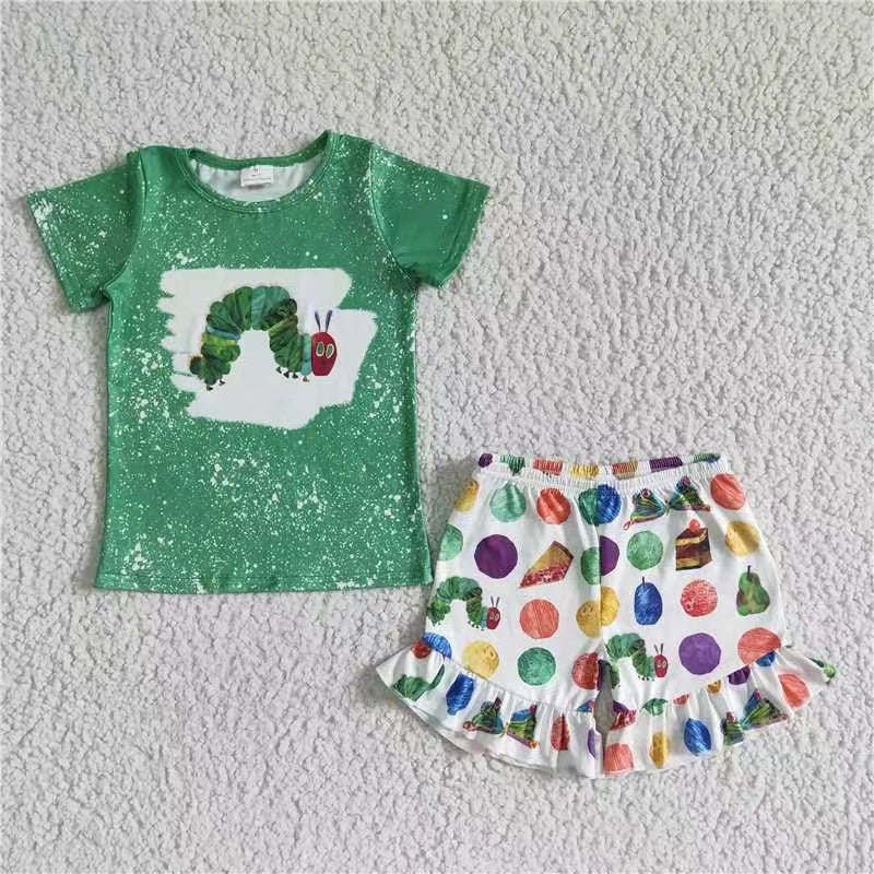 promotion GSSO0108 RTS green silkworm pocket short sleeve colorful butterfly strawberry shorts girl outfits 20230425 RTS