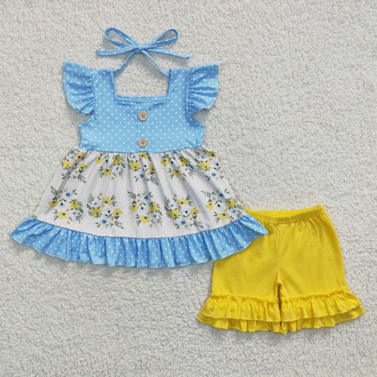 GSSO0220  flower ruffle puffy short sleeve shorts girl summer outfit