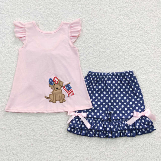 GSSO0236 short sleeve embroidery dog shorts dog 4th July summer girl outfit 20230503 RTS