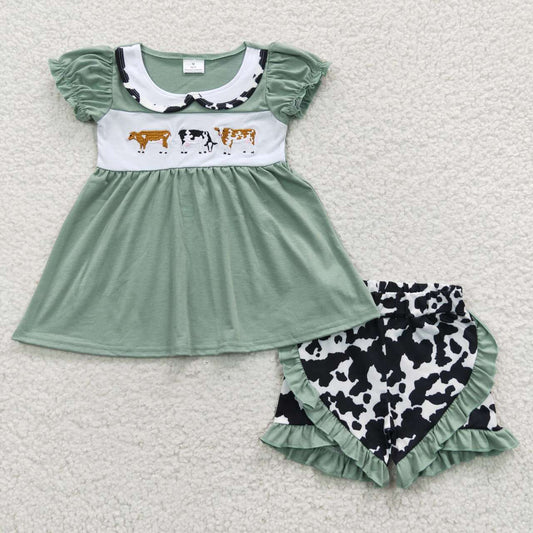 GSSO0305 short sleeve green cow embroidered shorts short sleeve western summer girl outfit 20230517