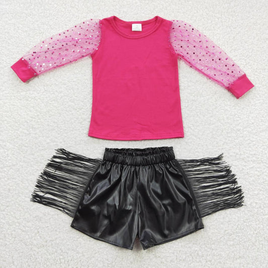 GSSO0334 hot pink tulle long sleeve black tassel leather shorts girl outfit 20230427 RTS