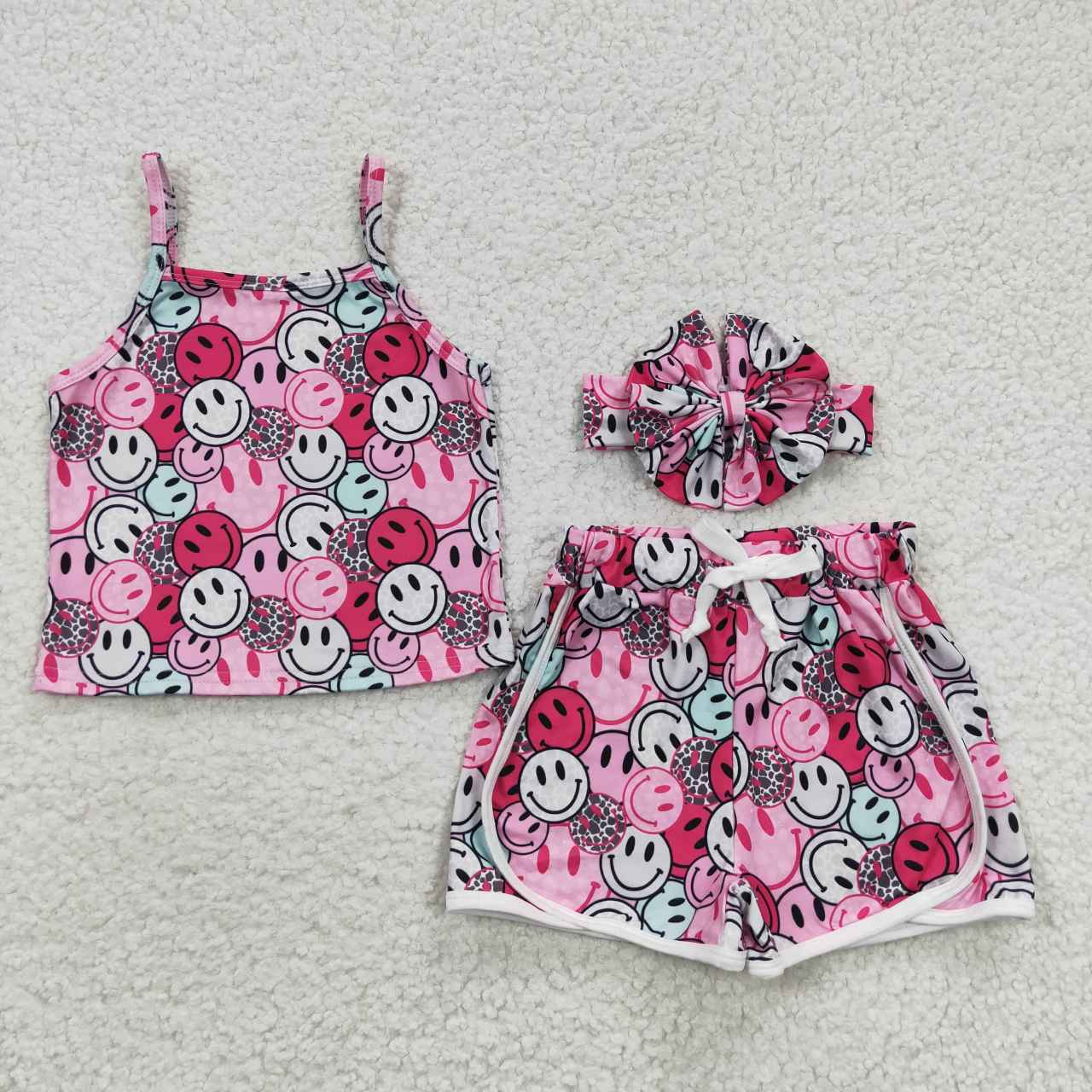 GSSO0340 headband 3pcs smile face shorts summer set girl outfit 20230606 RTS