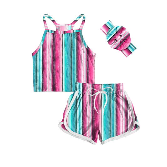 GSSO0341 preorder headband 3pcs stripe colorful shorts summer set girl outfit 20230506