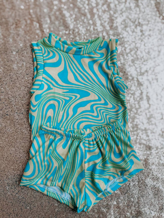 GSSO0361 preorder green flow line water parttern short sleeve shorts summer girl outfit 20230616
