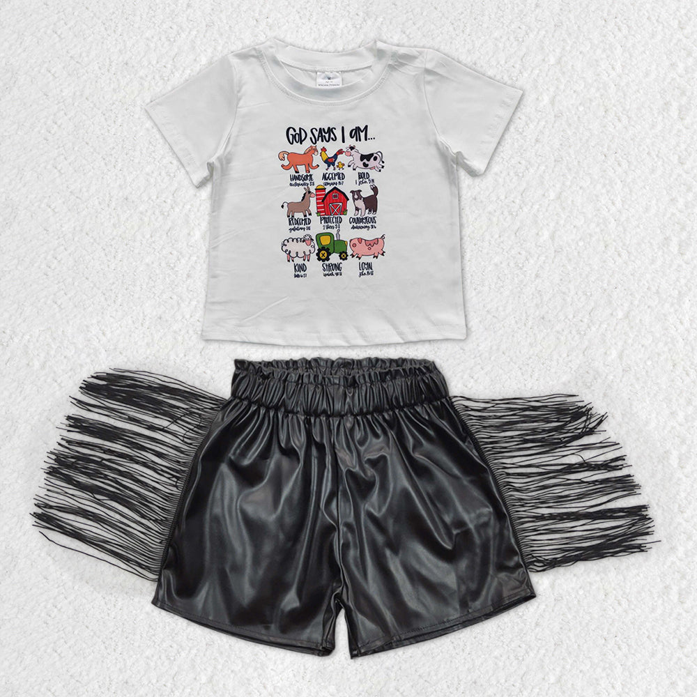 组合GSSO0366 western animals girl leather shorts tassels short sleeve girl summer outfit 20231017 RTS