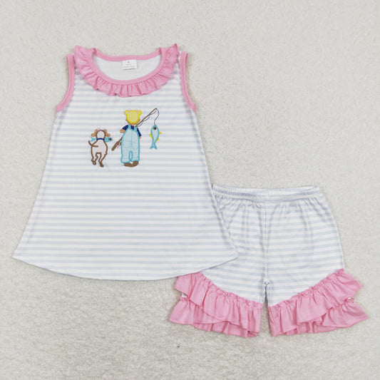 GSSO0412 RTS embroidery fish dog shorts girl summer outfit 202401