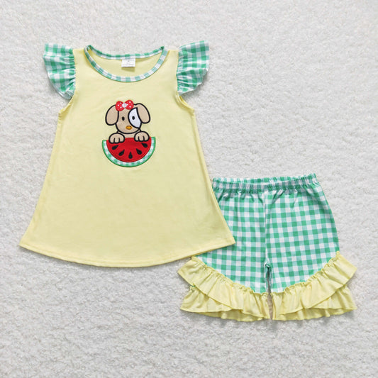 GSSO0483 western embroidery dog watermelon girl shorts outfit  202403 RTS