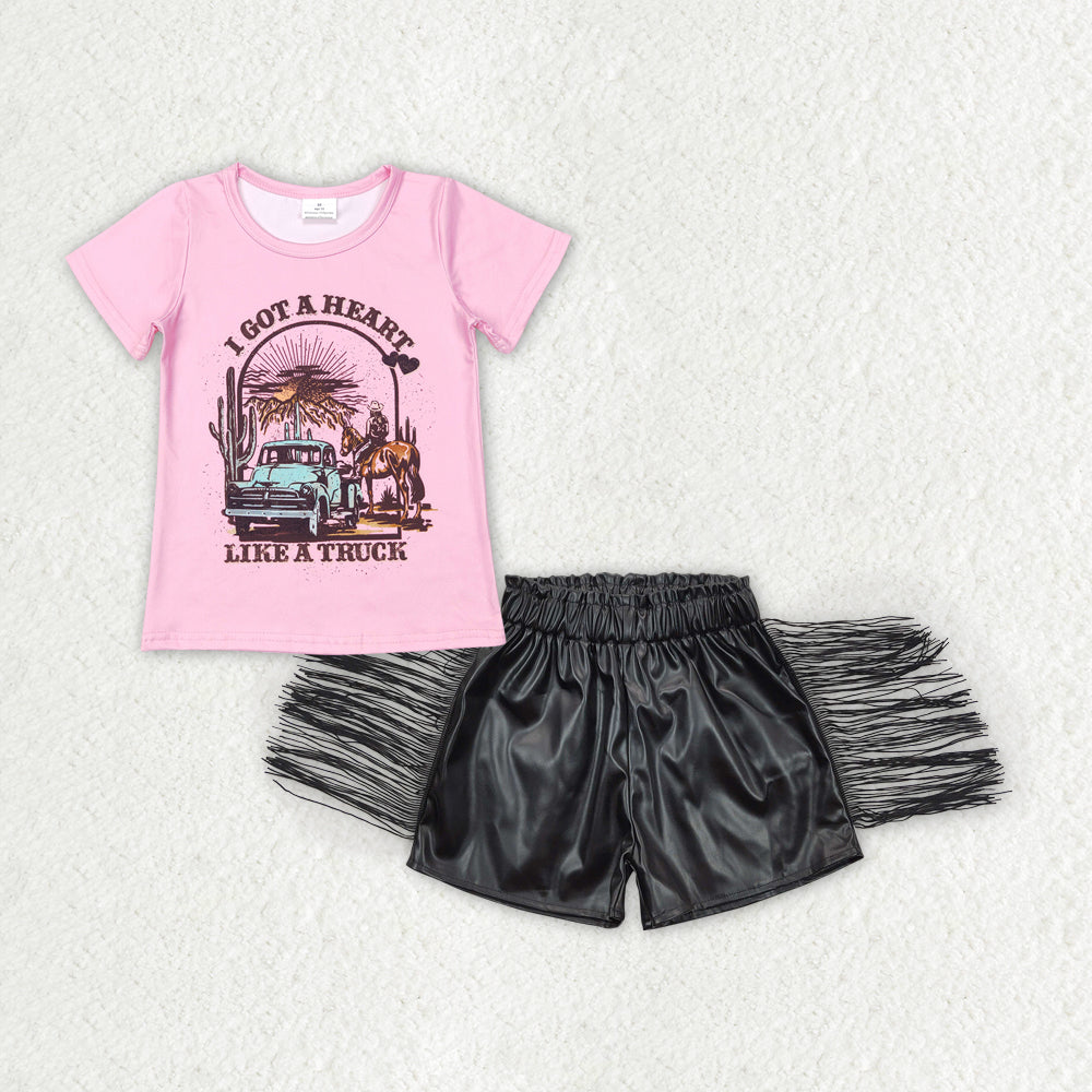 GSSO0666 western girl leather shorts tassels short sleeve girl summer outfit 202401 RTS