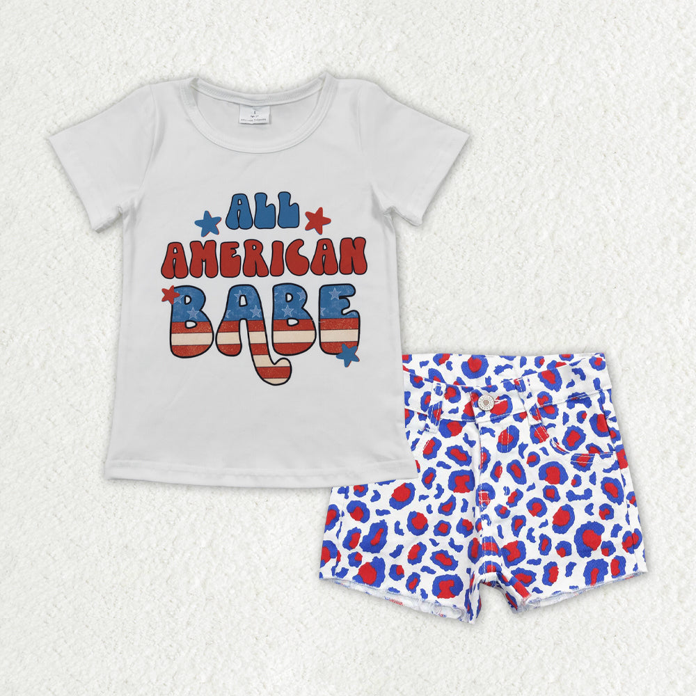 4th july Babe denim leopard shorts set  202401